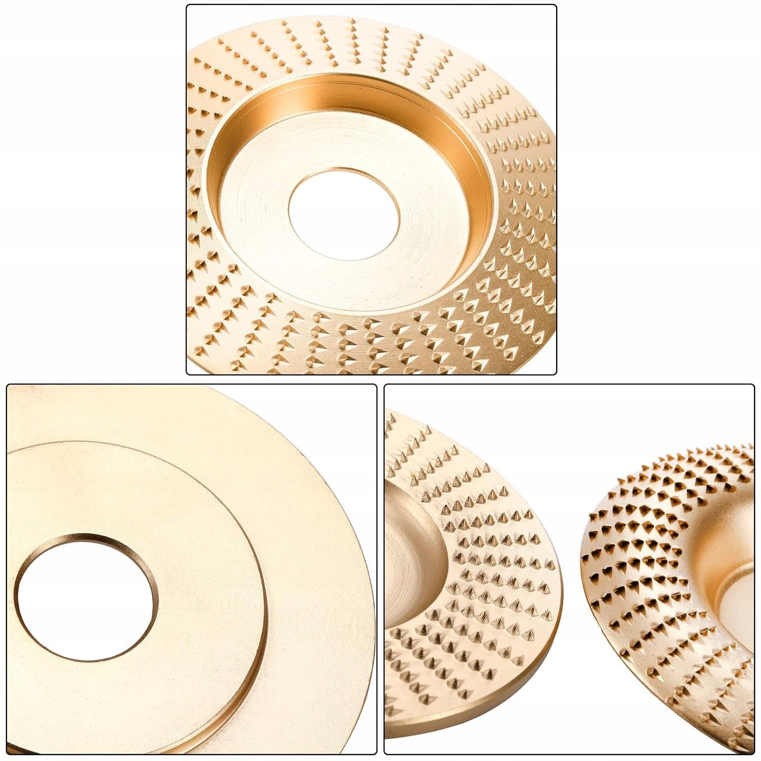 Set 4 discuri pentru prelucrarea lemnului, Zola, model 2 x plate, 1x concav si 1 x conic, diametru disc 100 mm, 15000 rpm, diametrul orificiilor discurilor16 mm, auriu Set 4 discuri pentru prelucrarea lemnului, Zola, model 2 x plate, 1x concav si 1 x conic, diametru disc 100 mm, 15000 rpm, diametrul orificiilor discurilor16 mm, auriu